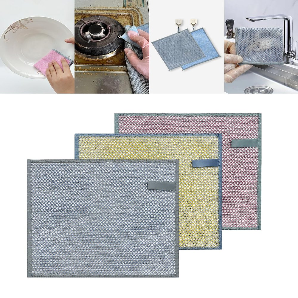 ASENAME Dish Rags for Washing Dishes, Multipurpose Wire Dishwashing Rags for Wet and Dry Non-Scratch Wire Dishcloths Wire Dishcloths for Kitchen Wire Miracles Cleaning Cloths 3 (PCS)