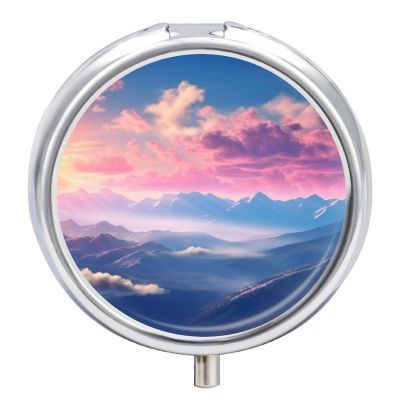 Blue Mountains and Pink Clouds Pill Box 3 Compartment Small Pill Case Portable Pill Box for Pocket Or Purse Round Metal Pill Box Cute Medicine Organizer Holder to Hold Vitamins Medication