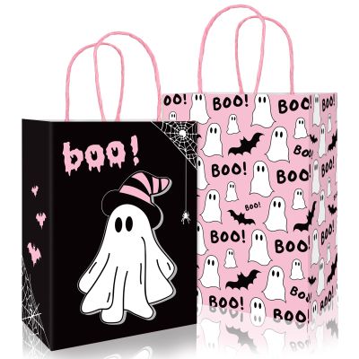 JarThenaAMCS 24Pcs Halloween Little Boo Paper Gift Bags with Handles Black Pink Treat Bags Ghost Bat Print Candy Goodie Bags for Birthday Party Favors Supplies