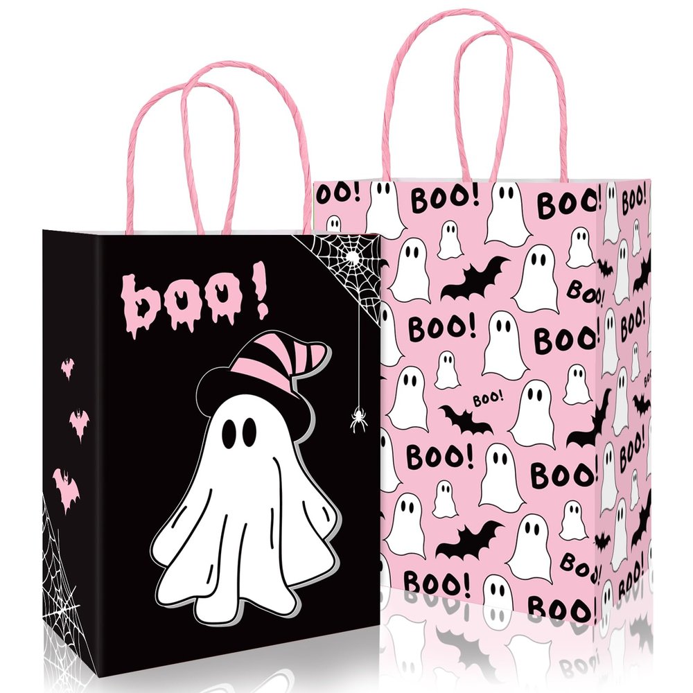 JarThenaAMCS 24Pcs Halloween Little Boo Paper Gift Bags with Handles Black Pink Treat Bags Ghost Bat Print Candy Goodie Bags for Birthday Party Favors Supplies