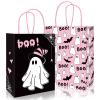 JarThenaAMCS 24Pcs Halloween Little Boo Paper Gift Bags with Handles Black Pink Treat Bags Ghost Bat Print Candy Goodie Bags for Birthday Party Favors Supplies view 1