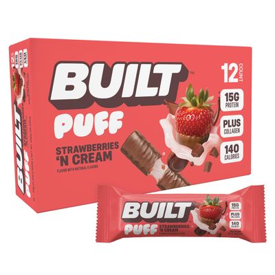 Built Bar, Puff Protein Bars, Strawberries 'N Cream Puff, 15g Protein Snacks, On-The-Go Bars, Only 140 Calories, 8g Sugar, Collagen, Gluten Free, 12 Count