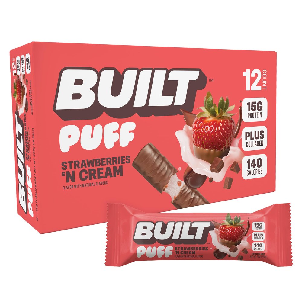 Built Bar, Puff Protein Bars, Strawberries 'N Cream Puff, 15g Protein Snacks, On-The-Go Bars, Only 140 Calories, 8g Sugar, Collagen, Gluten Free, 12 Count