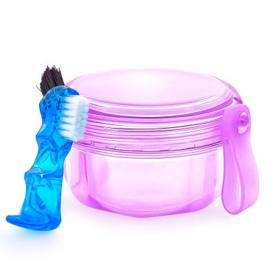 Leakproof Denture Case Purple Denture Soaking Cup with Strainer Basket, False Teeth Container Dental Denture Bath Holder Storage Box Retainer Cleaner Case for Traveling