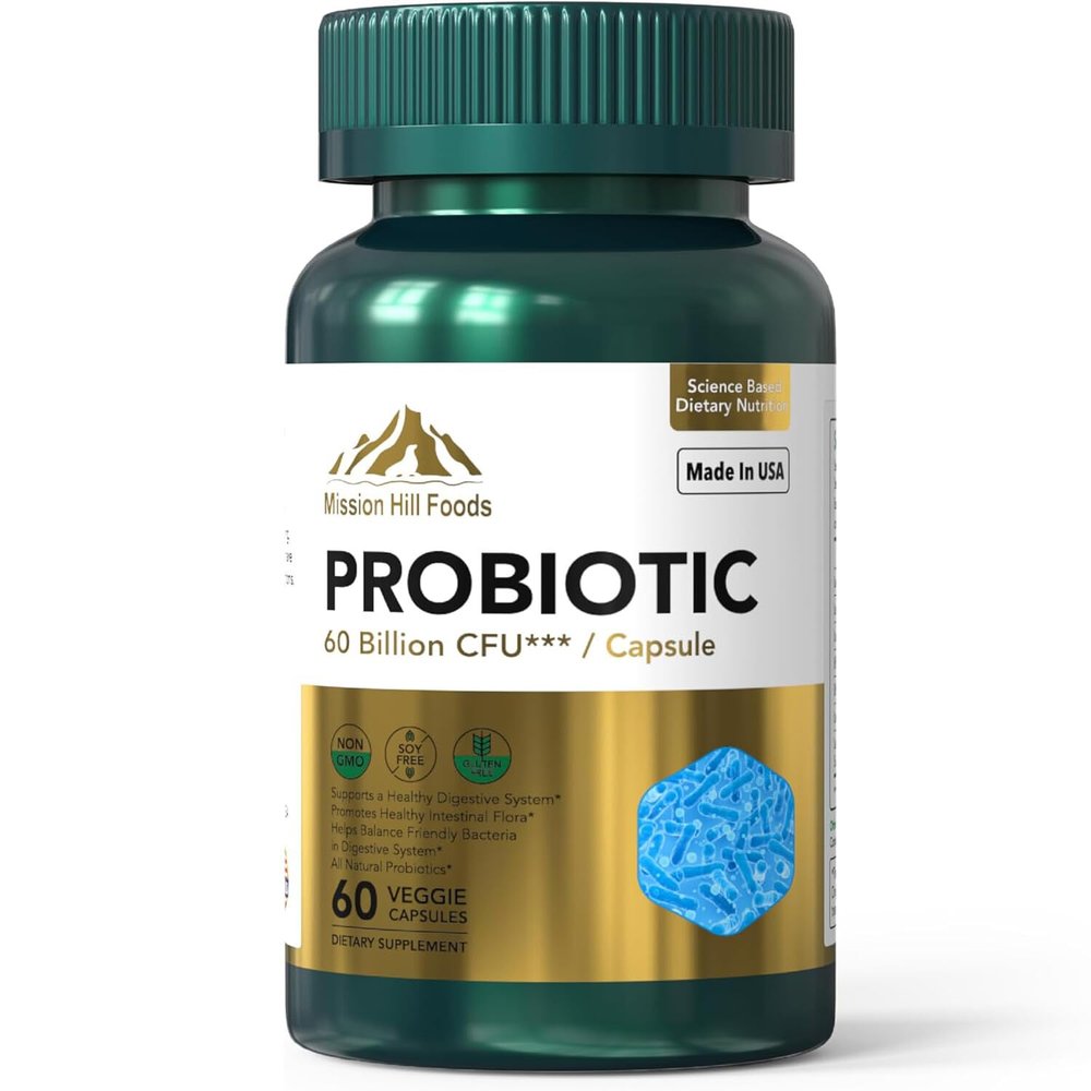 Mission Hill Foods Probiotic 60 Billion CFU with Prebiotics - 7 Strains for Digestive & Gut Health, Immune Support, Shelf Stable, Non-GMO, Gluten & Soy Free, 60 Capsules