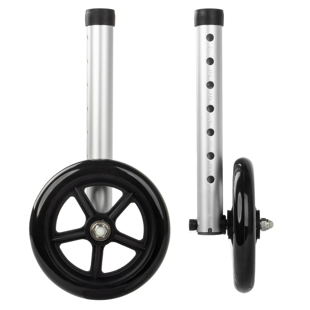 2-Pack Walker Wheels Replacement with Precision Ball Bearings, 6-Inch All-Terrain Wheels for Walkers with Outward-Angled Legs, 7-Level Height Adjustable, 350lbs Heavy Duty, Slip-Resistant Traction