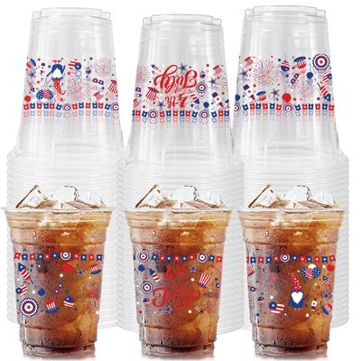 50 Count 4th of July Party Cups, 12 oz Patriotic Memorial Day Party Disposable Clear Plastic Party Cups for Independence Day Birthday Drinkware Beverage Ice Cream Snacks Party Supplies
