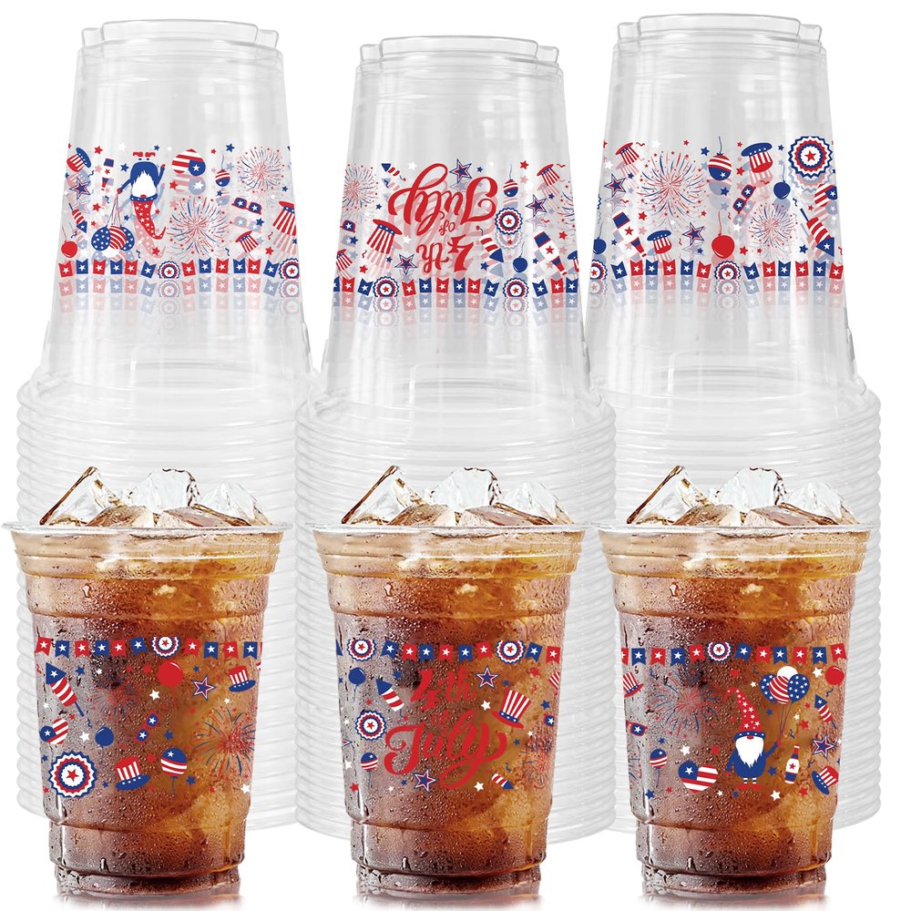 50 Count 4th of July Party Cups, 12 oz Patriotic Memorial Day Party Disposable Clear Plastic Party Cups for Independence Day Birthday Drinkware Beverage Ice Cream Snacks Party Supplies