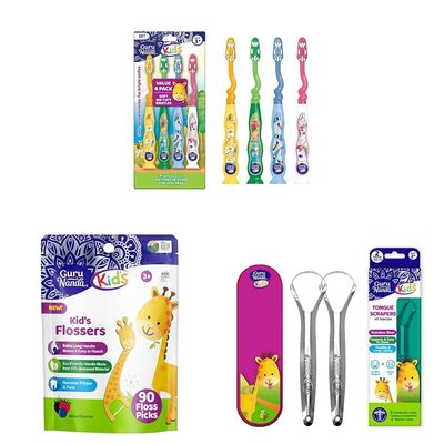 GuruNanda Kids Toothbrush with Suction Cup, 3+ Age- 4 Count + Giraffe Floss Picks for Kids, Berry Flavor, Ages 3+, 90 Count + Kids Tongue Scraper (2-Pack) with Travel Case,(Green/Pink/Orange)