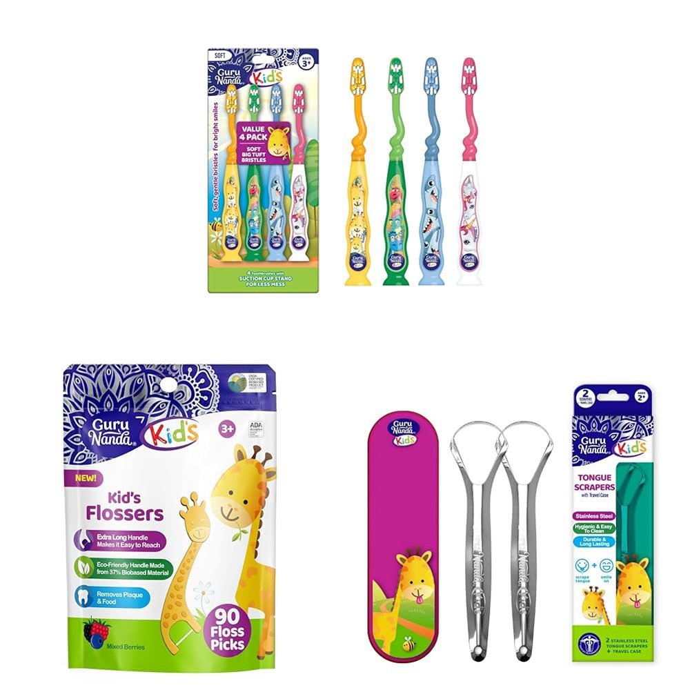 GuruNanda Kids Toothbrush with Suction Cup, 3+ Age- 4 Count + Giraffe Floss Picks for Kids, Berry Flavor, Ages 3+, 90 Count + Kids Tongue Scraper (2-Pack) with Travel Case,(Green/Pink/Orange)