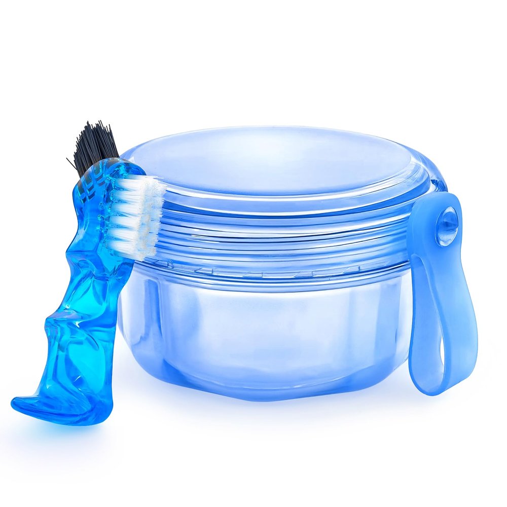 EZEELAI No Leak Partial Denture Case Retainer Bath Box Cup, Denture Soaking Cup False Teeth Holder Box Case with Strainer Basket and Brush - Transparent Blue