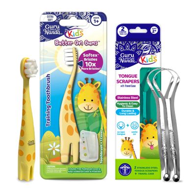 GuruNanda Kids Butter On Gums Cute Giraffe Toothbrush with Tongue Scraper & Cover. Ergonomic Handle (Age 1+) + Kids Tongue Scraper (2-Pack) with Travel Case, Travel-Friendly (Green/Pink/Orange)