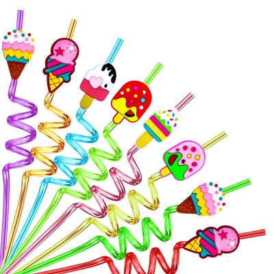 24PCS Ice Cream Drinking Straws Reusable for Kids Ice Cream Theme Birthday Party Favors Supplies Decorations with 2 PCS Cleaning Brushes (Ice Cream)