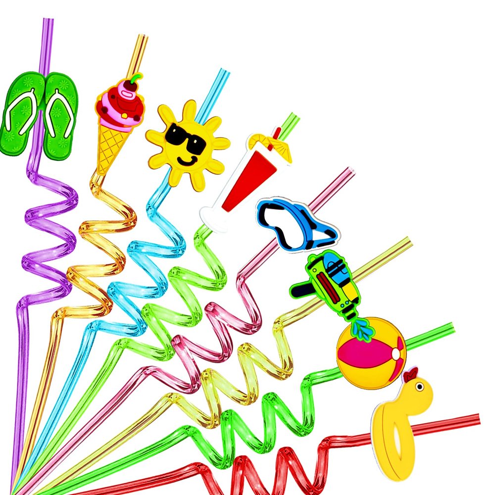 24PCS Beach Drinking Straws Reusable for Kids Pool Theme Birthday Party Favors Supplies Decorations with 2 PCS Cleaning Brushes (Beach)