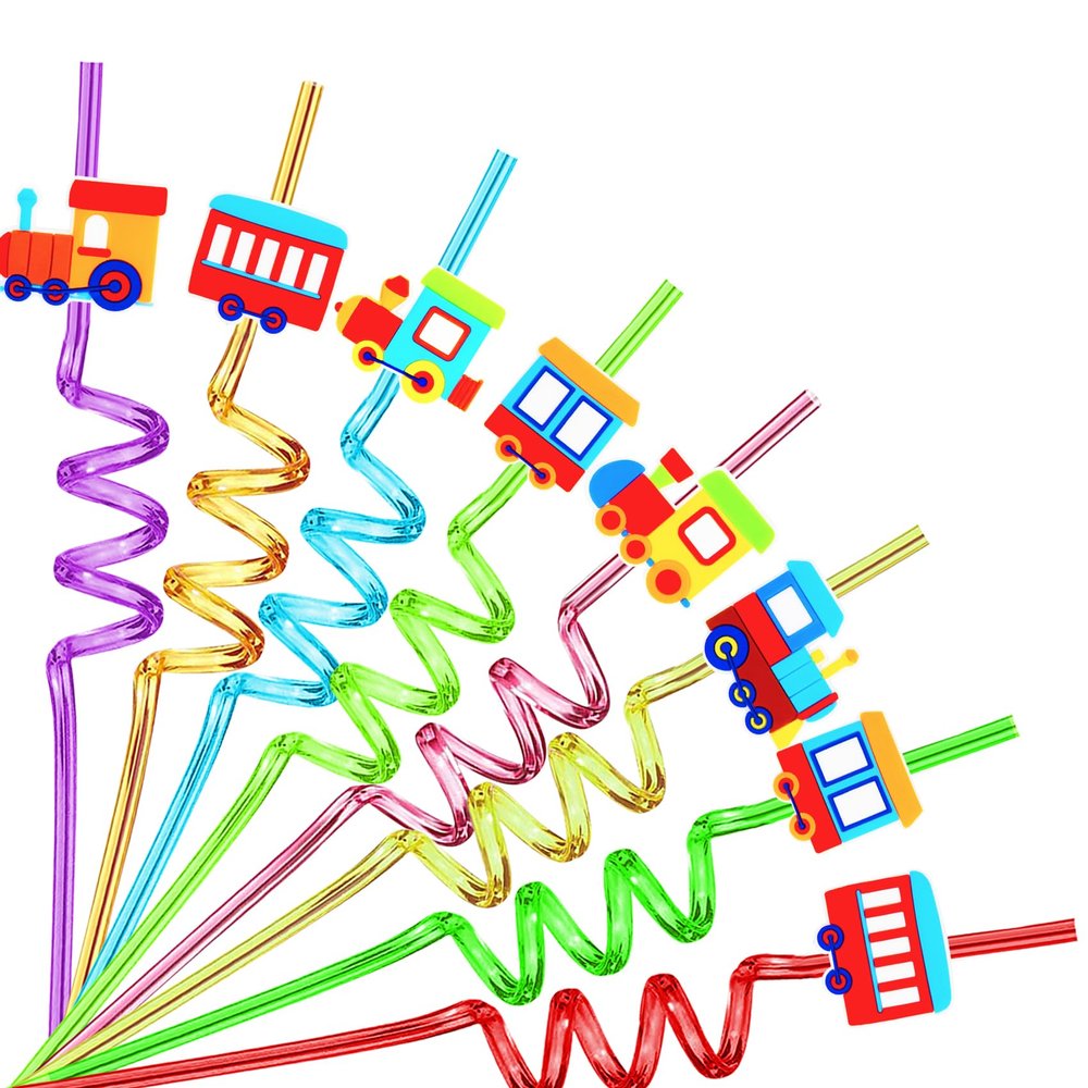 24PCS Train Drinking Straws Reusable for Kids Train Theme Birthday Party Favors Supplies Decorations with 2 PCS Cleaning Brushes (Rainbow Train)