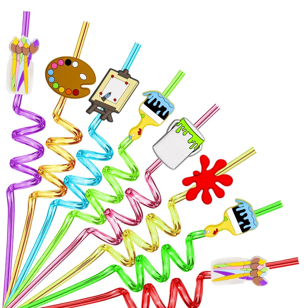 24PCS Art Painting Drinking Straws Reusable for Kids Painting Theme Birthday Party Favors Supplies Decorations with 2 PCS Cleaning Brushes (Art Painting)
