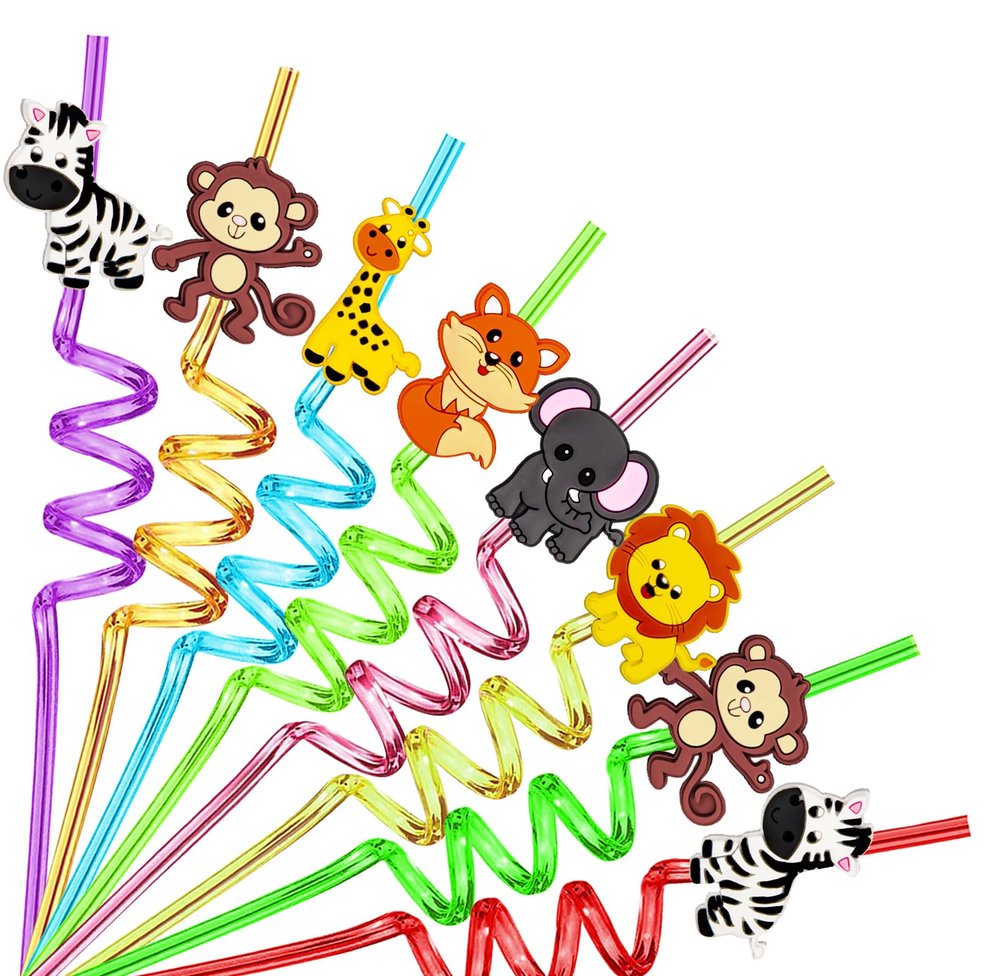 24PCS Jungle Animal Drinking Straws Reusable for Forest Animal Theme Birthday Party Favors Supplies Decorations with 2 PCS Cleaning Brushes (Safari Jungle Animal)