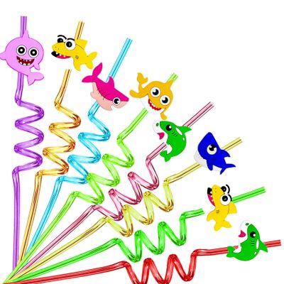 24PCS Shark Drinking Straws Reusable for Sea Shark Theme Birthday Party Favors Supplies Decorations with 2 PCS Cleaning Brushes (Cute Shark)