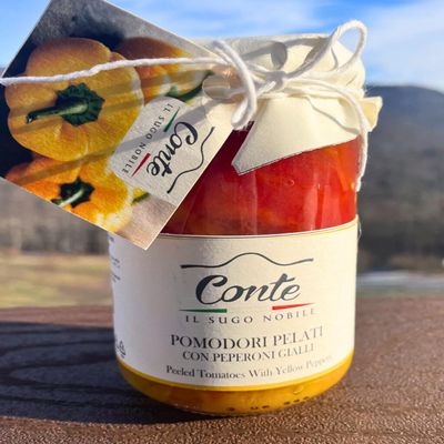 Conte Pomodori Pelati with Calabrian Peppers - Authentic Italian Peeled Tomatoes with Yellow Peppers, Spicy & Sweet, Perfect for Pasta & Sauces, Imported from Calabria - Jar, 9.52 oz