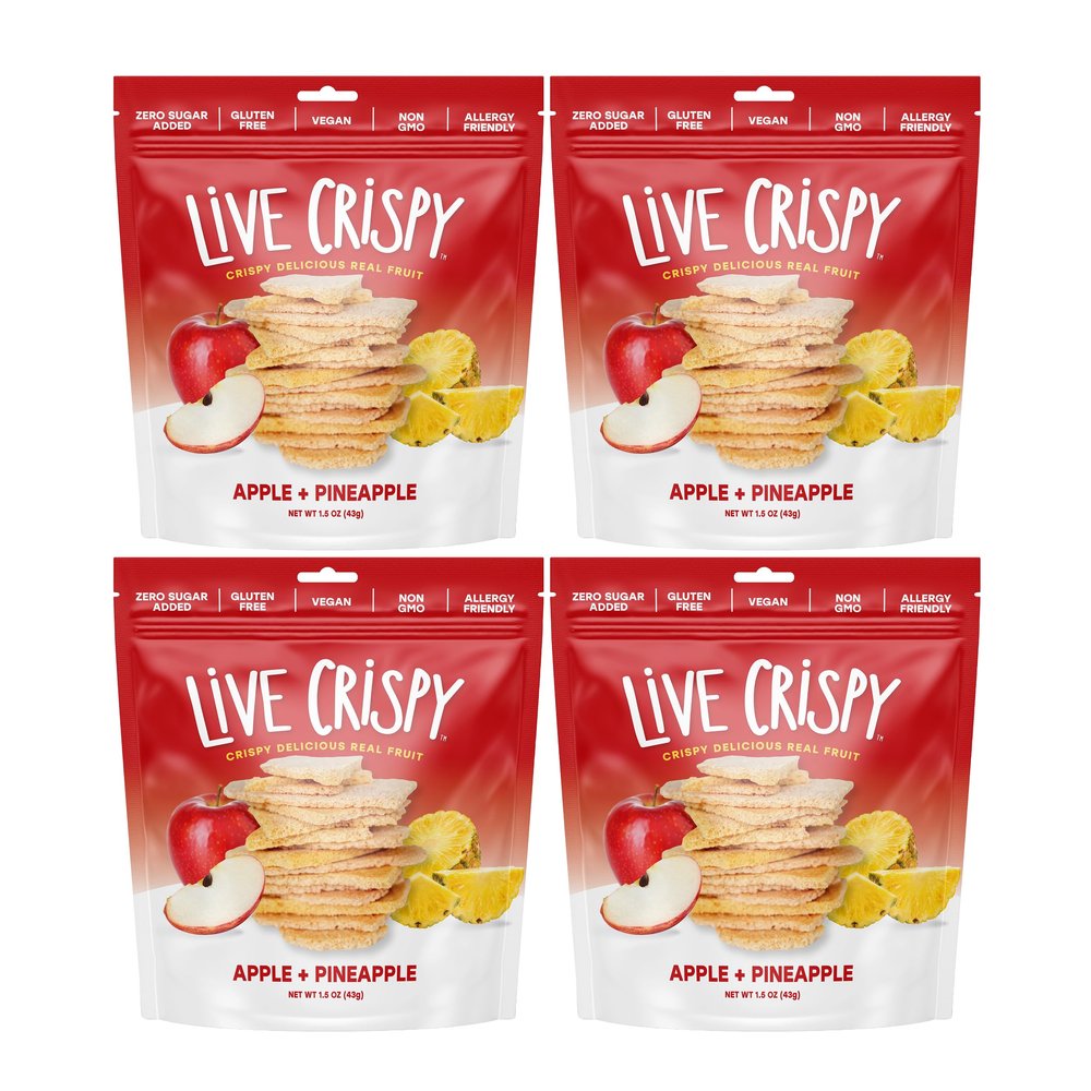 Live Crispy Crunchy Fruit Chips - No Sugar Added, Dried Fruit Snacks For Adults & Kids Lunch Box | Apple & Pineapple | Patented Crisping Process, Allergen-Free, Vegan - 4 Pack