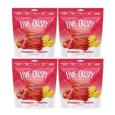 Live Crispy Crunchy Fruit Chips - No Sugar Added, Dried Fruit Snacks For Adults & Kids Lunch Box | Strawberry & Pineapple | Patented Crisping Process, Allergen-Free, Vegan - 4 Pack