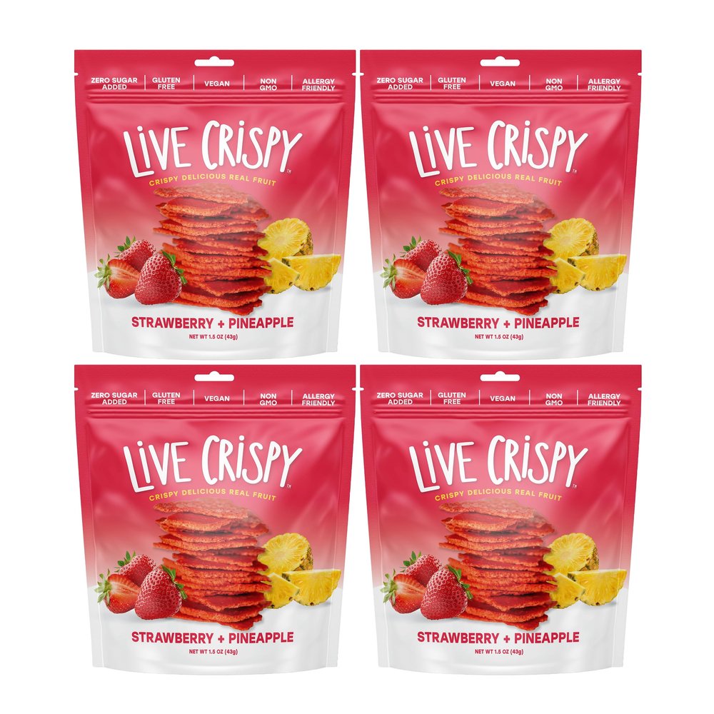 Live Crispy Crunchy Fruit Chips - No Sugar Added, Dried Fruit Snacks For Adults & Kids Lunch Box | Strawberry & Pineapple | Patented Crisping Process, Allergen-Free, Vegan - 4 Pack