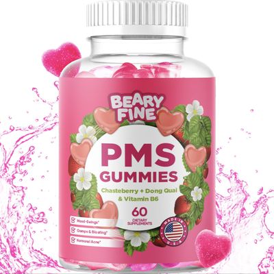 Beary Fine PMS Gummies - PMS Vitamins for Women & Teens - PMS Period Relief - Cramping, Bloating, Mood Swings - Made in The USA (Strawberry, 60 Count)