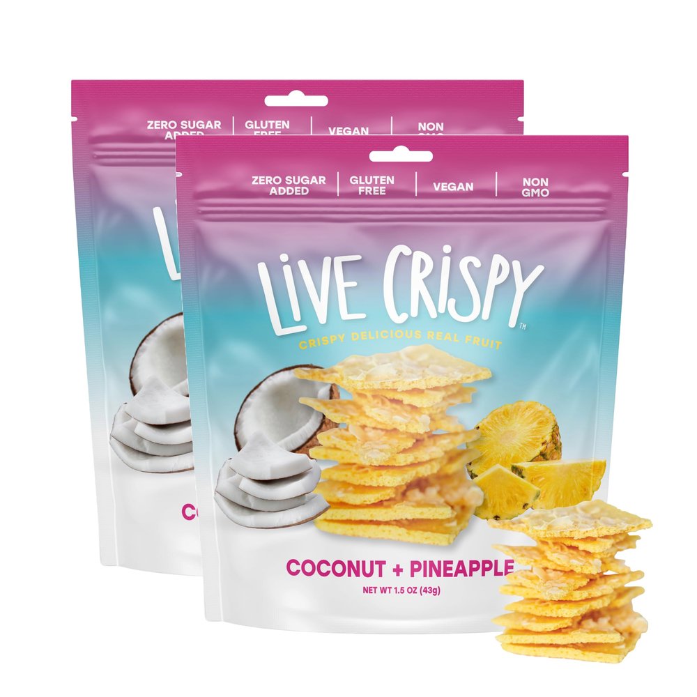 Live Crispy Crunchy Fruit Chips - No Sugar Added, Dried Fruit Snacks For Adults & Kids Lunch Box | Coconut & Pineapple | Patented Crisping Process, Allergen-Free, Vegan - 2 Pack