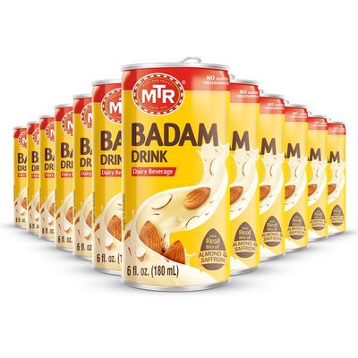 MTR Almond Milk Badam Drink - Ready-to-Drink Authentic Indian Almond Beverage with Almond & Saffron Chunks, Gluten-Free, No Preservatives or Artificial Flavors, Pure Refreshing Drink - Pack of 12