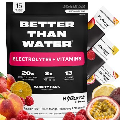 Hyburst Better Than Electrolytes Powder Packets Drink Mix, Hydration Salt Electrolytes, Vitamin D3 K2, B12, L-Theanine, Zinc, Magnesium, Potassium, Calm Focus & Energy Blend, Tropical Variety 15 Pack