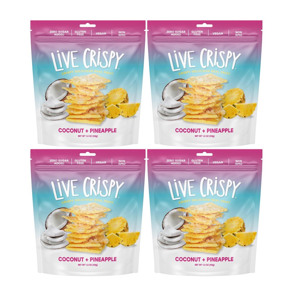 Live Crispy Crunchy Fruit Chips - No Sugar Added, Dried Fruit Snacks For Adults & Kids Lunch Box | Coconut & Pineapple | Patented Crisping Process, Allergen-Free, Vegan - 4 Pack