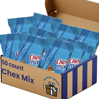 Savory Snack Mix 50 Count Bulk Snack Bags with Pretzels, Bread Chips, and Crunchy Seasoned Pieces Individually Wrapped and Assembled by Bussin Boxes