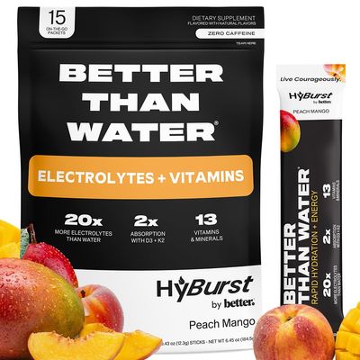 Hyburst Better Than Electrolyte & Vitamin Supplement Powder, Drink Mix with B12, L-Theanine, D3, K2, Zinc, Magnesium, Potassium, Supports Calm Focus & Energy, Peach Mango, 15 Pack