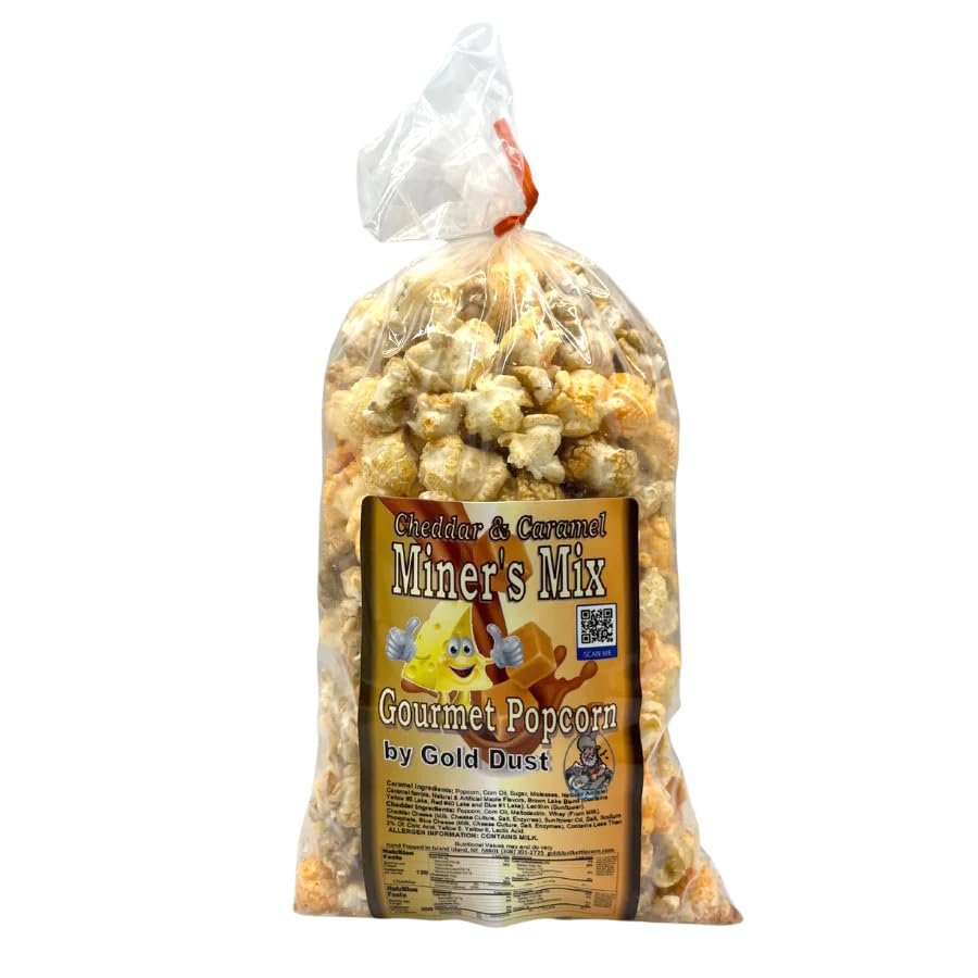 Gold Dust Kettle Corn | Miners Mix | Cheddar and Caramel Popcorn | Sweet and Salty | Cheese and Caramel Popcorn Mix | Popped Popcorn Snack Bag | Non GMO | Made in Nebraska | 2 oz Bag | 4 Pack