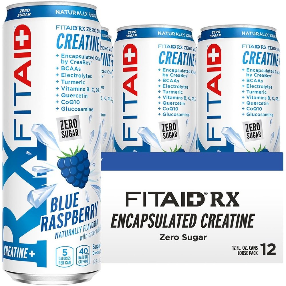 Lifeaid Fitaid Rx + Creatine Drink, Blue Raspberry, Zero Sugar, Vegan, Kosher, Keto Friendly, Gluten Free, 12 Fluid Ounce (Pack of 12)