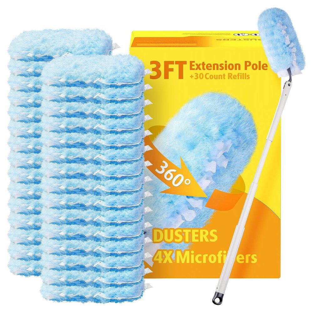 30 Count Heavy Duty Duster Refills with 3 ft Extendable Handle Starter Kit, Compatible with Swiffer Disposable Microfiber Feather Dusters for Cleaning Home