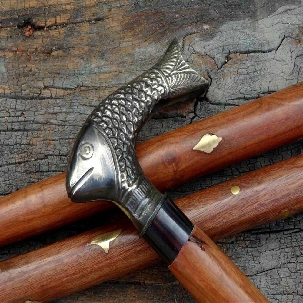 Vintage Antique Style Walking Stick with Brass Black Fish Handle Wooden Walking Stick Cane Hand Carved 37" Strong & Comfortable