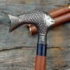 Vintage Antique Style Walking Stick with Brass Black Fish Handle Wooden Walking Stick Cane Hand Carved 37" Strong & Comfortable view 3