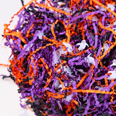 1LB Halloween Crinkle Cut Paper Shred, Black Orange Purple Raffia Paper Sherd Filler Grass with Ghost Decoration for Gift Wrapping Basket Filling Birthdays Weddings Party Supply