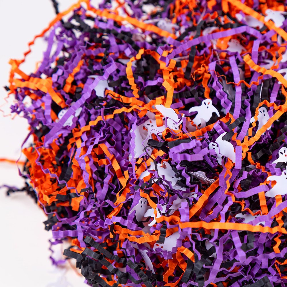 1LB Halloween Crinkle Cut Paper Shred, Black Orange Purple Raffia Paper Sherd Filler Grass with Ghost Decoration for Gift Wrapping Basket Filling Birthdays Weddings Party Supply
