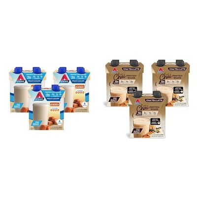 Atkins Energy Shake Creamy Caramel with B Vitamins and Protein, Keto-Friendly and Gluten Free 4 Count(Pack of 3) Bundle with Atkins Chai Tea Latte Protein Shake, 15g Protein, Low Glycemic