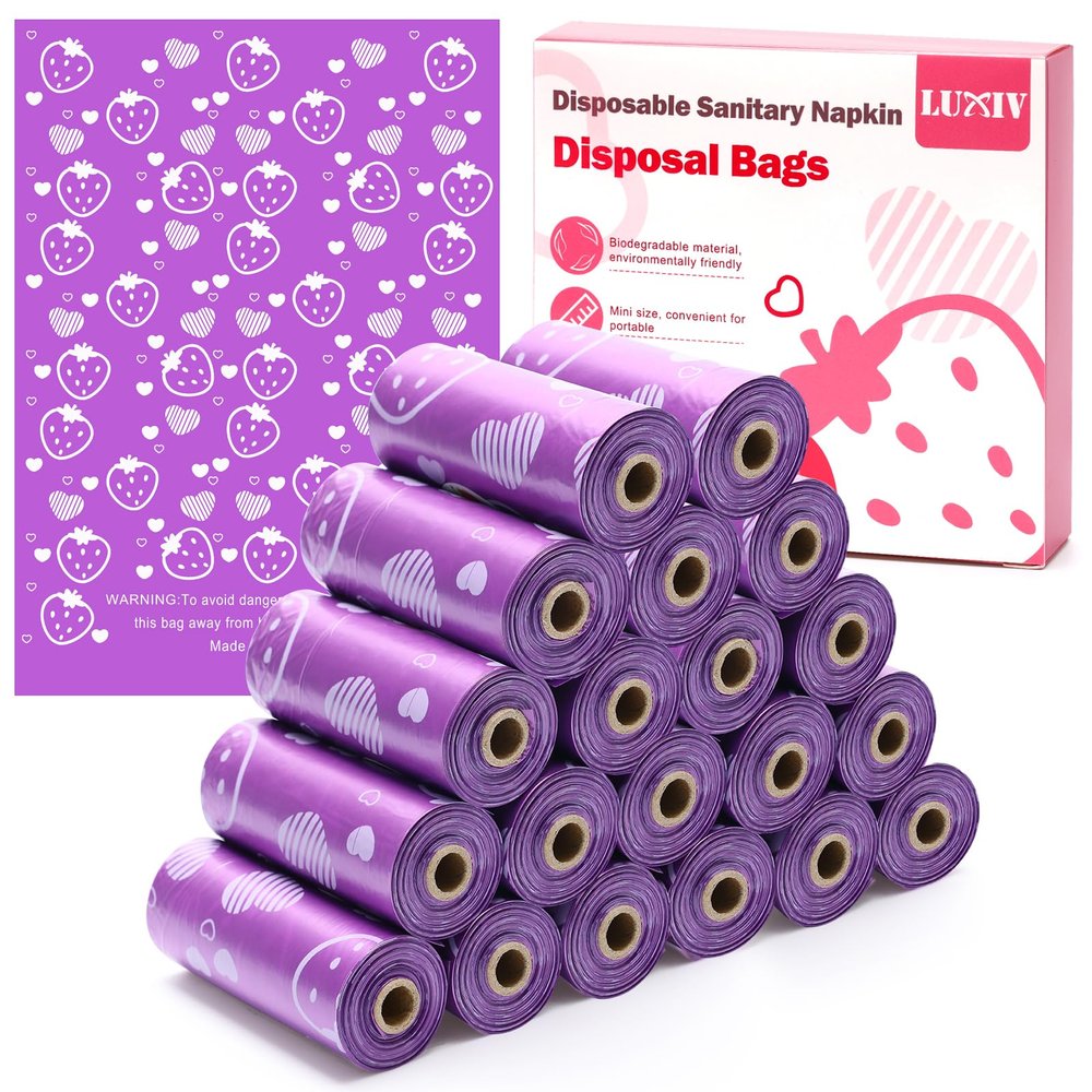 300P Sanitary Napkin Disposal Bags, Luxiv Disposable Sanitary Bags Rolls Personal Care Disposal Bag for Diapers, Tampons, Pad Period Bag Disposal Feminine Hygiene Products Bags with Scent (Purple)