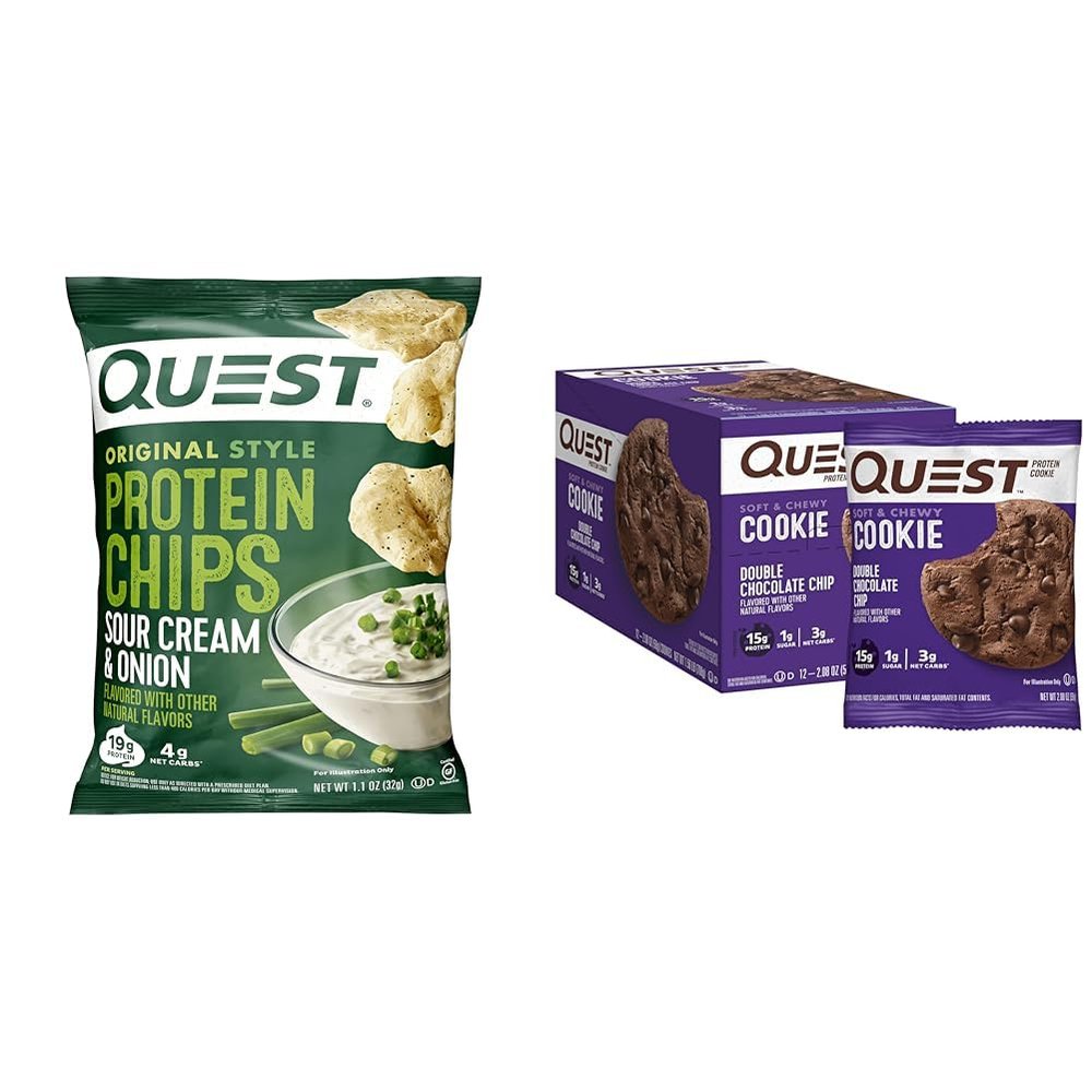 Quest Protein Chips & Cookies Bundle, Sour Cream Onion Chips (12 Count) & Double Chocolate Chip Cookies (12 Count)