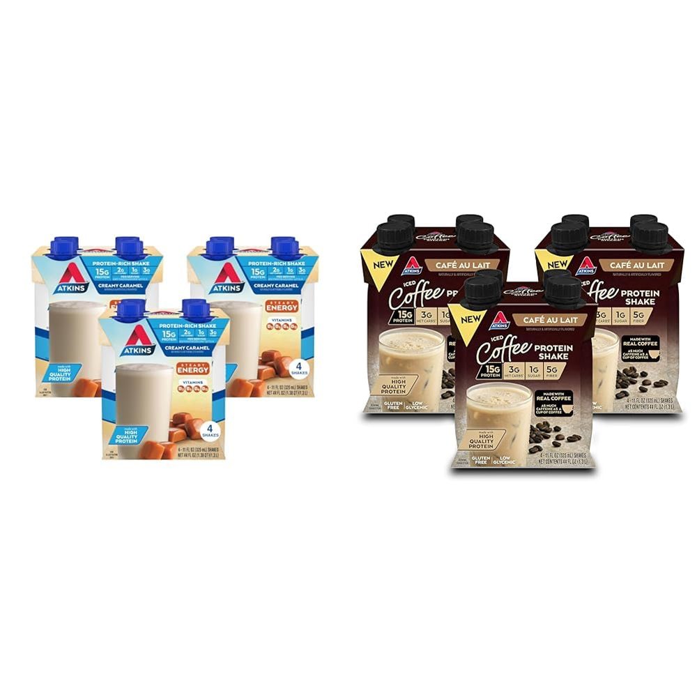 Atkins Energy Shake Creamy Caramel with Protein, Gluten Free, Keto-Friendly, 4 Count(Pack of 3) and Atkins Caf au Lait Iced Coffee Protein Shake, 15g Protein, Low Glycemic, 3g Net Carb, 1g Sugar, Keto Friendly, 12 Count