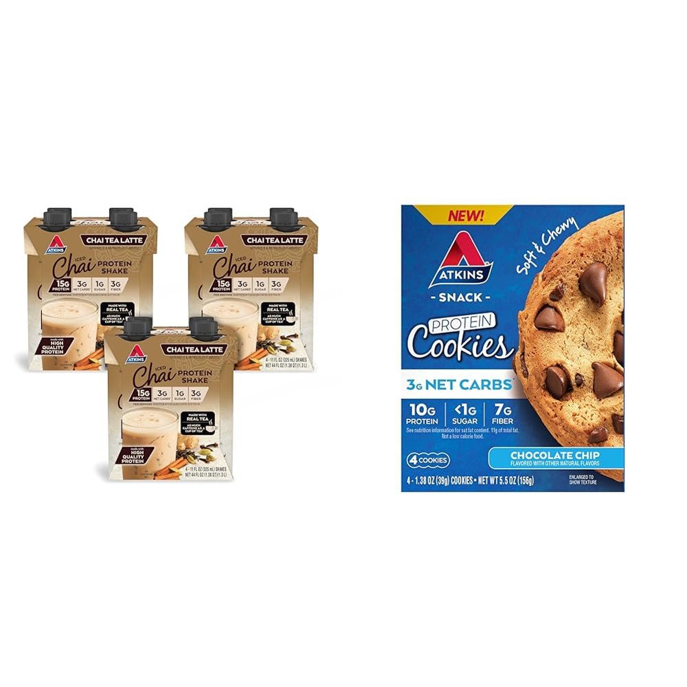 Atkins Chai Tea Latte Protein Shake with 15g Protein, 3g Net Carbs, 1g Sugar and Atkins Chocolate Chip Protein Cookie with 10g Protein, 3g Net Carbs, 1g Sugar, Keto Friendly, 4 Count