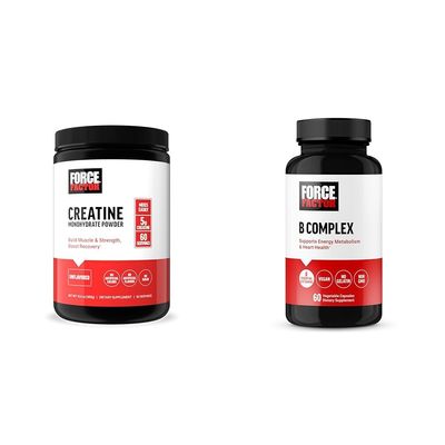 Force Factor Creatine Powder 60 Servings and Vitamin B Complex 60 Capsules Bundle for Muscle Gain, Strength, Energy, and Faster Recovery