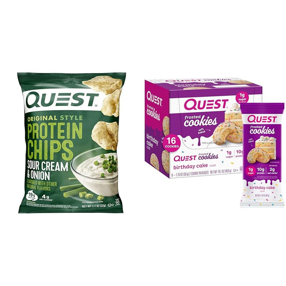 Quest Protein Chips Sour Cream Onion Pack of 12 & Frosted Cookies Birthday Cake Twin Pack