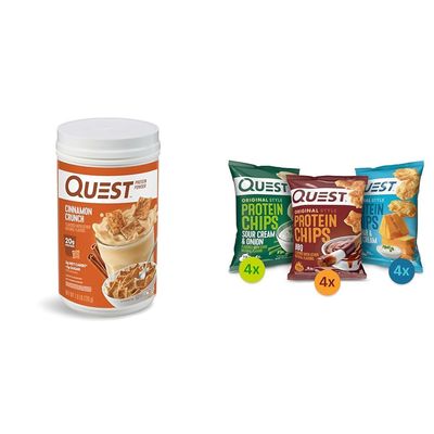 Quest Cinnamon Crunch Protein Powder 24 Servings, Protein Chips Variety Pack (BBQ, Cheddar & Sour Cream, Sour Cream & Onion) 12 Count