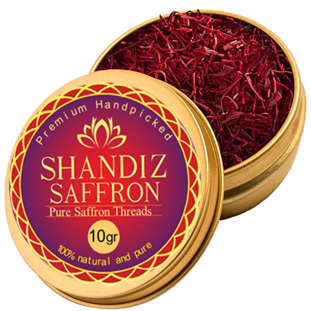 Shandiz Saffron, Finest Pure Premium,Red Saffron Threads, Grade A+ Super Negin Non-GMO Verified. For Tea, Paella, Rice, Desserts, Milk, Pollo, and Risotto (10 Grams)