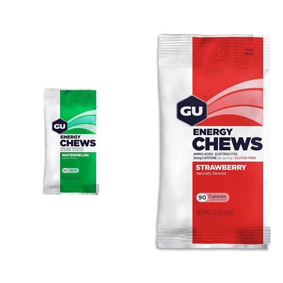 GU Energy Chews Watermelon & Strawberry Flavor Bags with Electrolytes, Vegan, Gluten-Free, Kosher, Caffeine-Free/20mg Caffeine, 12 Bags (24 Servings Total) Bundle
